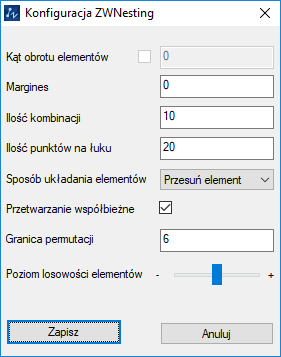 Okno ustawień ZWNesting Okno ustawień ZWNesting